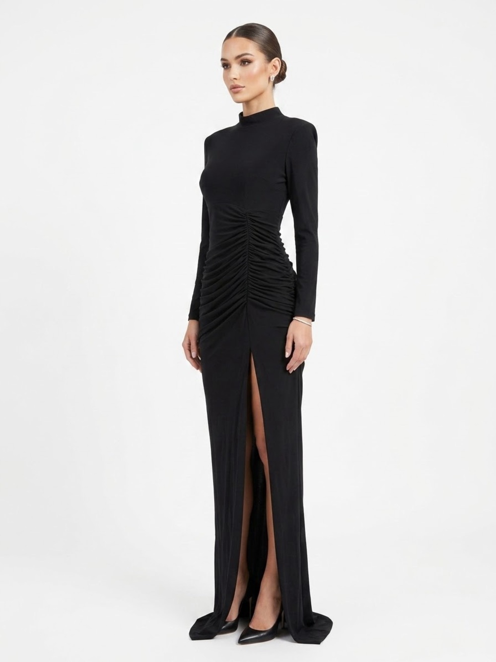 Betsy & Adam Black Long-Sleeve Ruched Maxi Dress with Front Slit